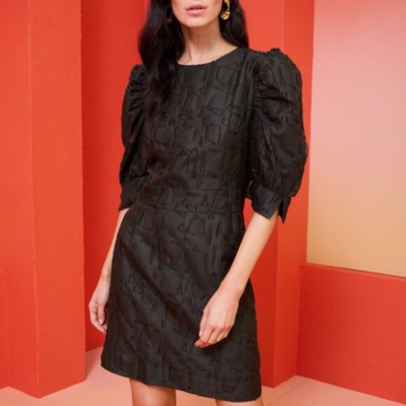 Marie Oliver Green Wool/Silk Burnout Puff-Sleeve Parker Mini Dress S $378 - Picture 5 of 5